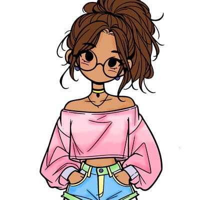 girl with a messy ponytail glasses a baggy crop top and jean shorts
