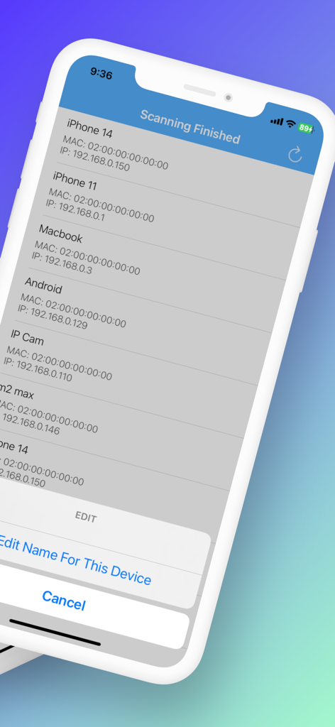 Who is Using My WiFi PRO - Wi-Fiネットワークに接続されたデバイスとそのIPおよびMACアドレスのリストを表示するモバイルアプリのインターフェース
