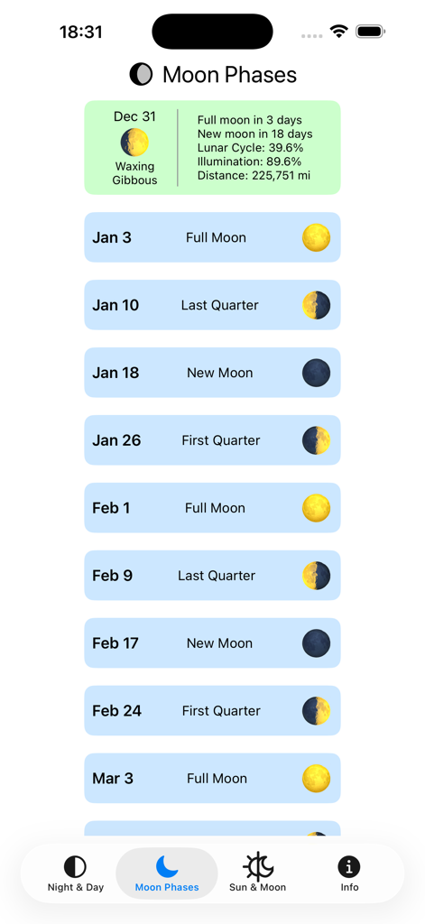 Bildschirm der mobilen App, der kommende Mondphasen und detaillierte Informationen zum Mondzyklus zeigt