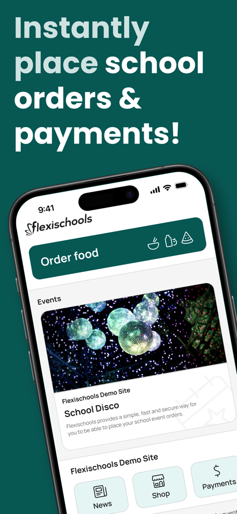 Flexischools - Flexischools mobile app interface showing options to order school food and book events like a school disco