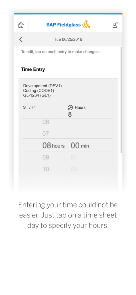 A screenshot of the SAP Fieldglass Time Entry app showing the daily hours logging interface with a time picker set to 8 hours