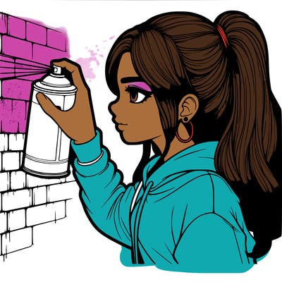 realistic girl spray painting the wall