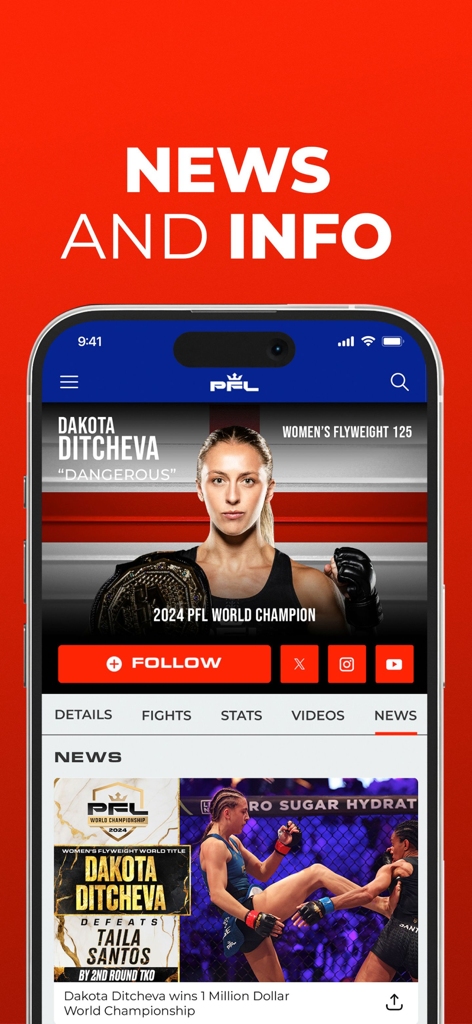 PFL - PFL mobile app interface showing fighter profile news and stats