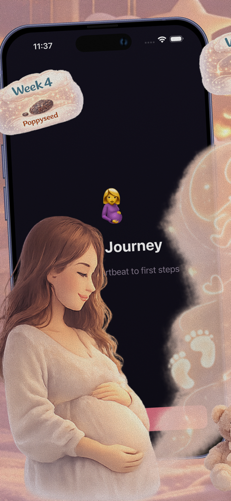 Baby Journey - Pantalla de la aplicación Baby Journey con una ilustración suave de una mujer embarazada y una comparación de tamaño de amapola de cuatro semanas.