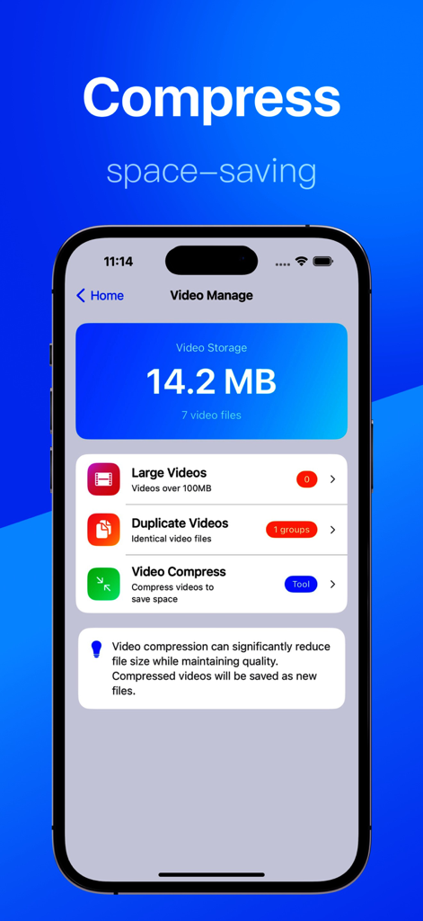 Phone Cleaner · 手机清理 - Cleaner - Phone Cleaner app interface for managing video storage and compressing files to save space