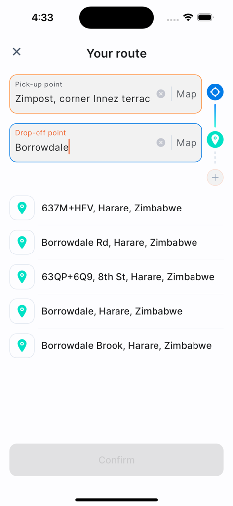 Tap and GO taxi app screen for entering pickup and destination points