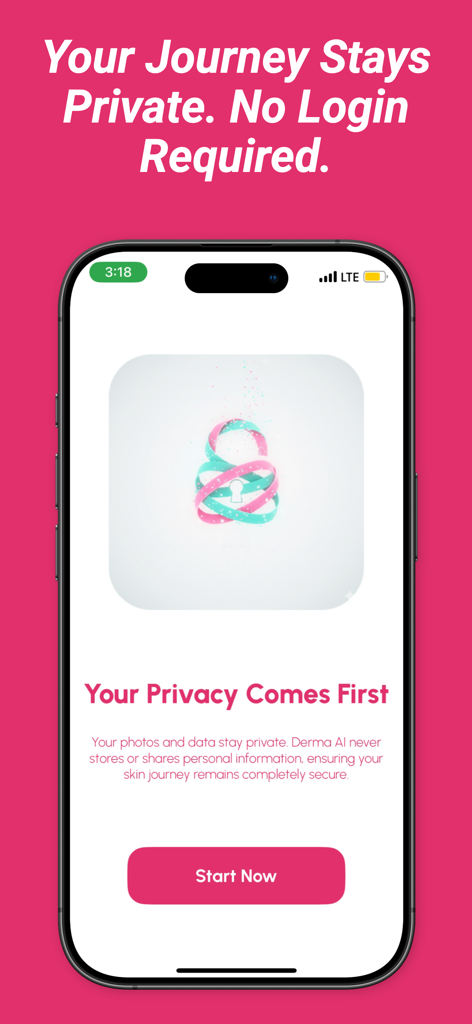 Derma AI: AI for Dermatology - Derma AI app interface showing privacy features and no login required message