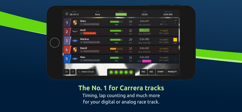 SmartRace for Carrera Digital - SmartRace app interface showing live race timing and lap counting for Carrera Digital tracks