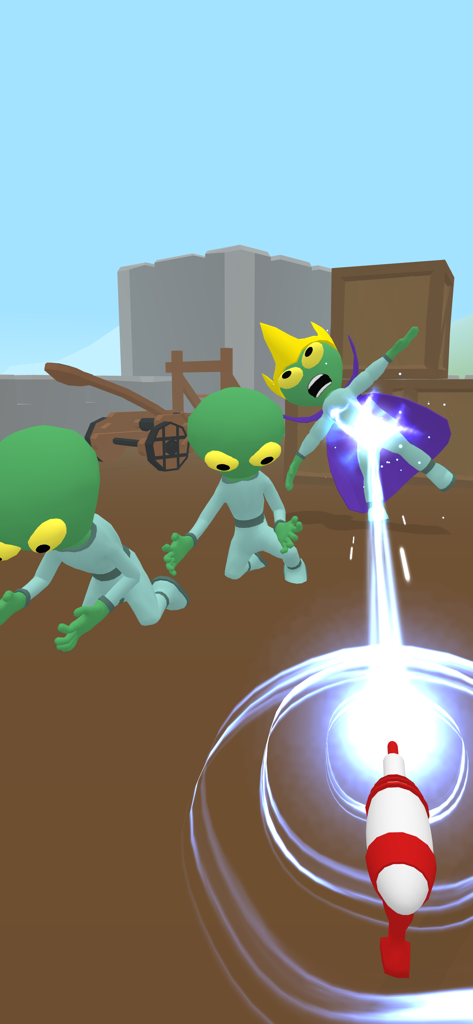 Find the Alien 2 - First person view of a player shooting a green alien with a laser blaster in a medieval setting.