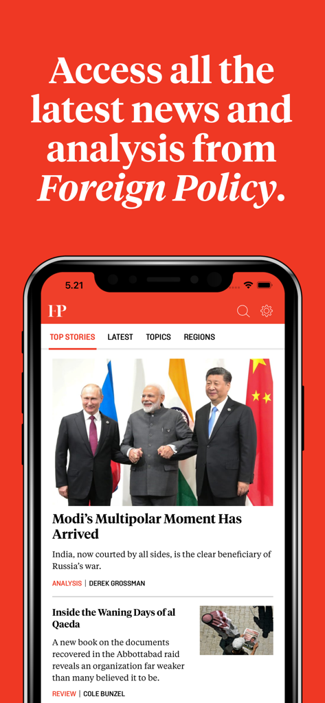 Smartphone displaying Foreign Policy app with geopolitical news and expert analysis