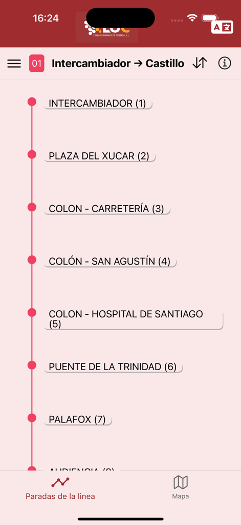Lineas Urbanas Cuenca - List of bus stops for Line 01 from Intercambiador to Castillo in the LUC Cuenca app