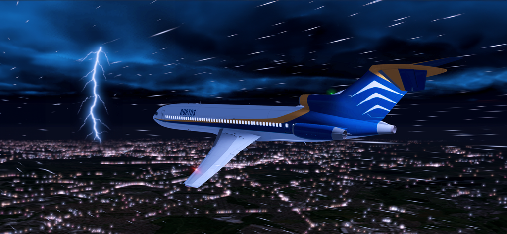 Commercial airplane flying through a thunderstorm at night over city lights in Real Flight Simulator
