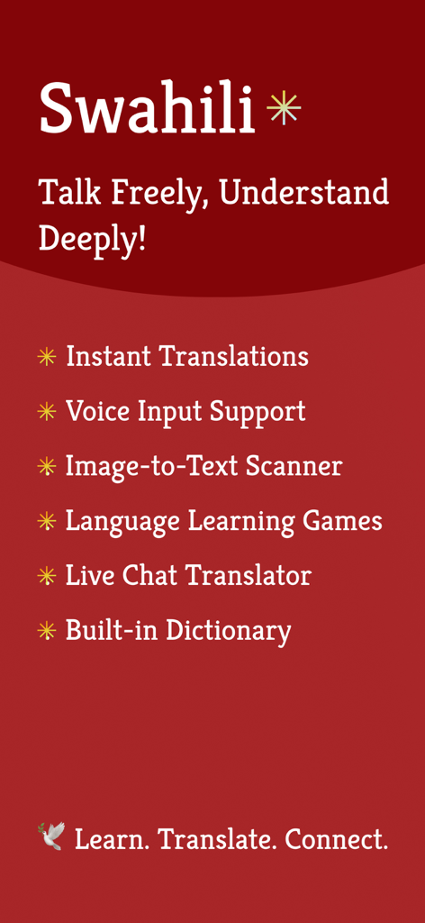 Lista de características clave para la aplicación Traductor Inglés Suajili que incluye entrada de voz y escáner de imágenes
