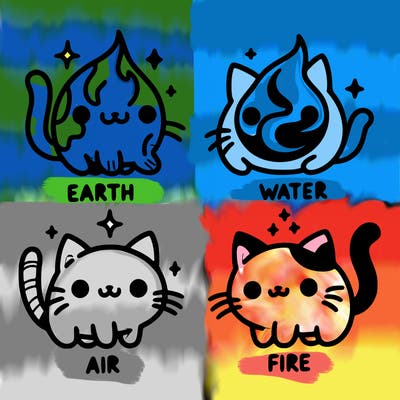 4 cats that represent the different elements, earth, water, air, and fire