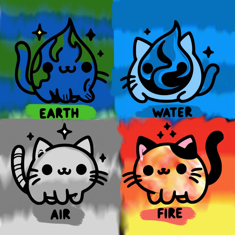 4 cats that represent the different elements, earth, water, air, and fire