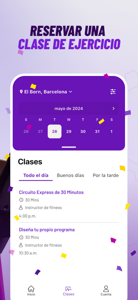 Planet Fitness Spain - Tela do aplicativo Planet Fitness Espanha para reservar aulas de fitness em Barcelona