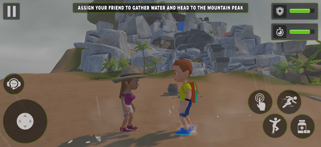 Peak Climb Escape Journey Game - Two game characters on a beach starting a survival mission to gather water and climb the mountain peak.