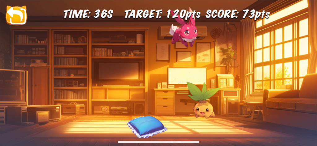 Spirit Pet Paradise - Gameplay screen of Spirit Pet Paradise showing two cute pets in a cozy sunlit room with score and time tracking