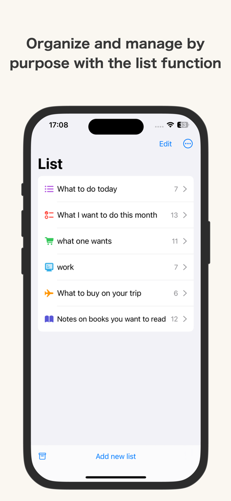デイリー整理のための複数のタスクリストが表示されたモバイルアプリインターフェース。