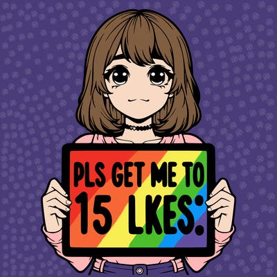realistic girl holding up a sign that says “pls get me to 15 likes!”