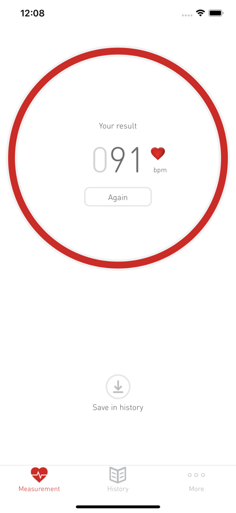 Interfaz de la aplicación Cardiograph que muestra un resultado de frecuencia cardíaca de 91 lpm dentro de un círculo rojo