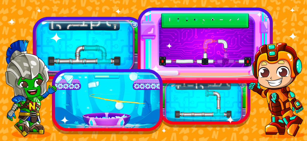 Collage of Vlad and Niki superhero characters and various puzzle mini games