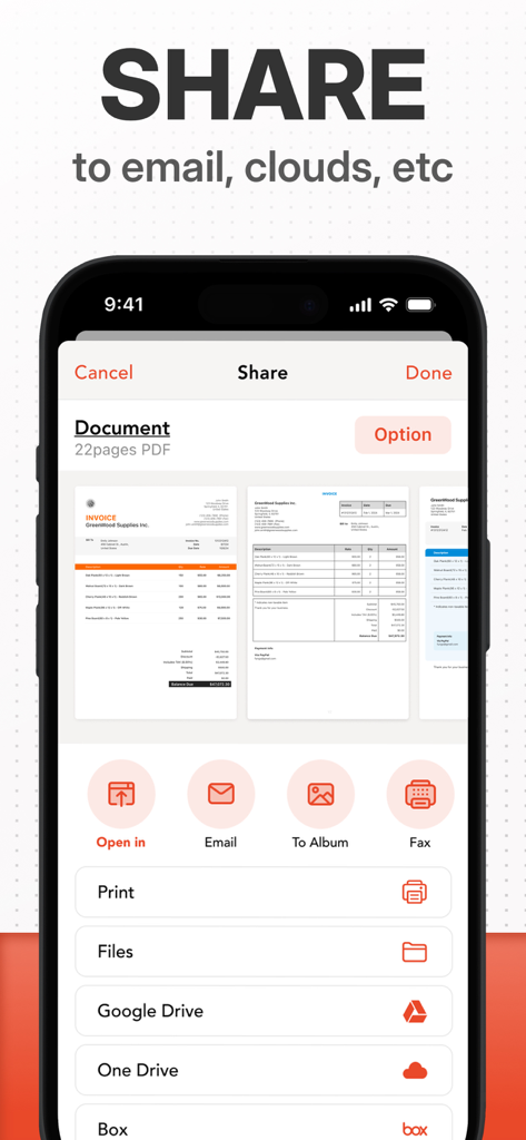 Scan Ace 앱의 공유 인터페이스가 이메일 및 Google Drive 및 OneDrive와 같은 클라우드 스토리지로 문서를 내보내는 옵션을 보여줍니다.
