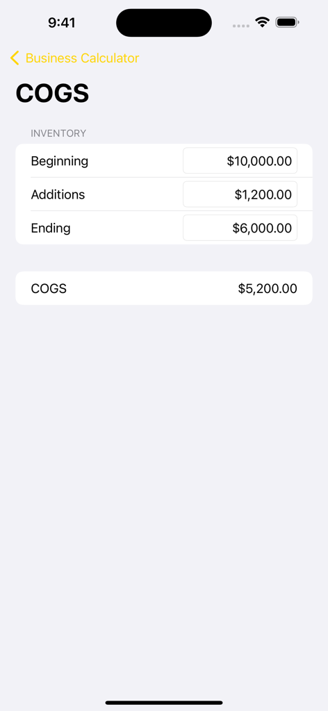 Business Calculator + - Interface du calculateur de coût des marchandises vendues dans l'application Business Calculator montrant les champs de saisie d'inventaire et un résultat calculé