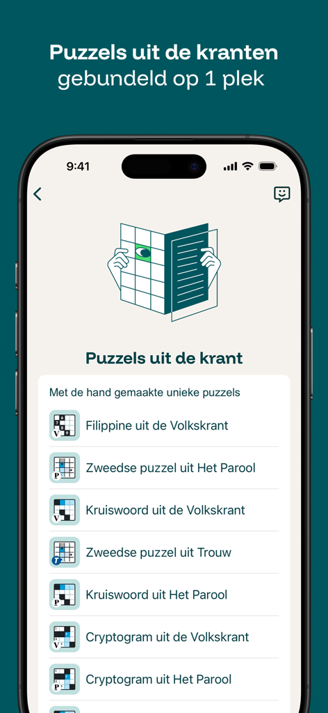 Puzzelfit België - Captura de pantalla de la aplicación Puzzelfit België con un resumen de varios puzles de periódicos como crucigramas y criptogramas.