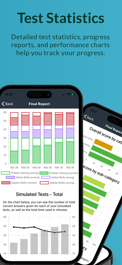 Detailed test statistics and performance charts within the CFAT Trainer app