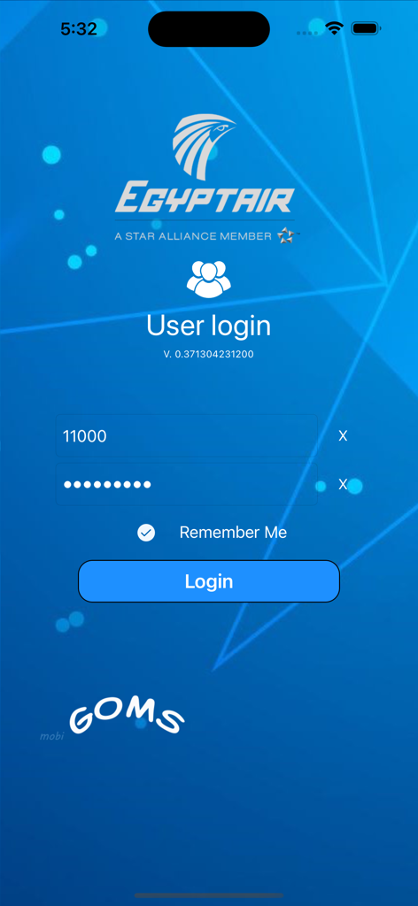 GOMS - EgyptAir GOMS app login screen featuring user credentials input fields and company logo