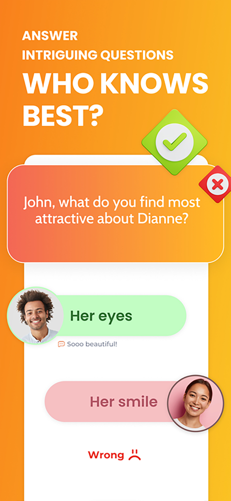 Couple Game: Relationship Quiz - カップルゲームアプリのインターフェース。関係クイズの質問とパートナーの回答を表示しています。