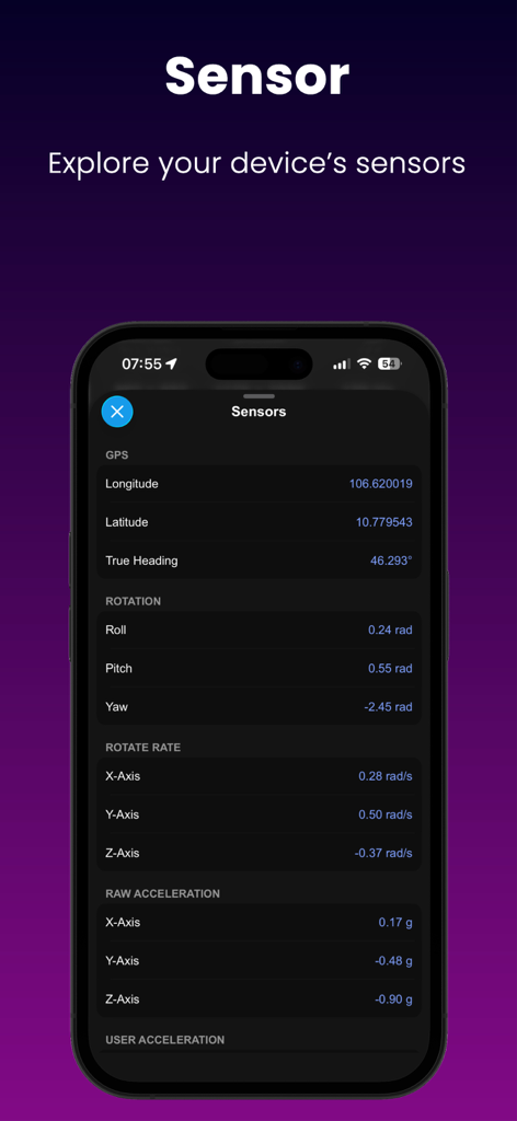 Device Monitor Z app displaying real-time sensor data for GPS rotation and acceleration