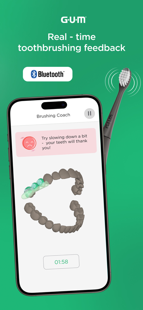 GUM SMART - Echtzeit-Feedback zum Zähneputzen in der GUM SMART App, das ein 3D-Dentalmodell und einen Timer anzeigt