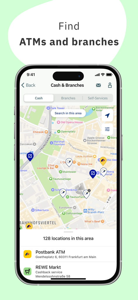 Schermata dell'app bancaria FYRST che mostra una mappa interattiva per trovare sportelli automatici e filiali.