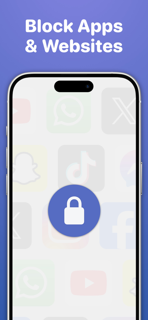 Focused Work - Pomodoro Timer - Écran de l'application Focused Work montrant la fonction Bloquer les applications et les sites Web avec une icône de verrouillage centrale sur les applications de médias sociaux