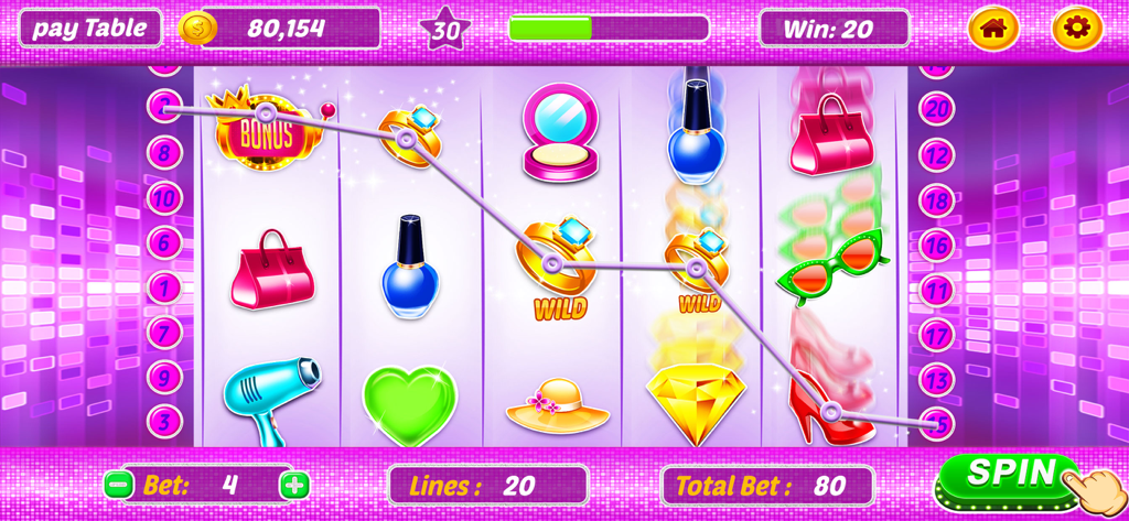 777 Slot Machine Casino Games - 핸드백, 반지, 매니큐어와 같은 심볼이 있는 핑크 패션 테마 슬롯머신의 게임 플레이 스크린샷.