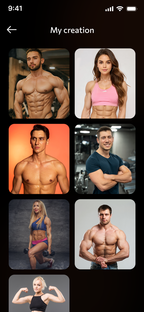 Ai Muscle Body Editor - A gallery of photos showing men and women with AI-enhanced muscle and toned bodies.