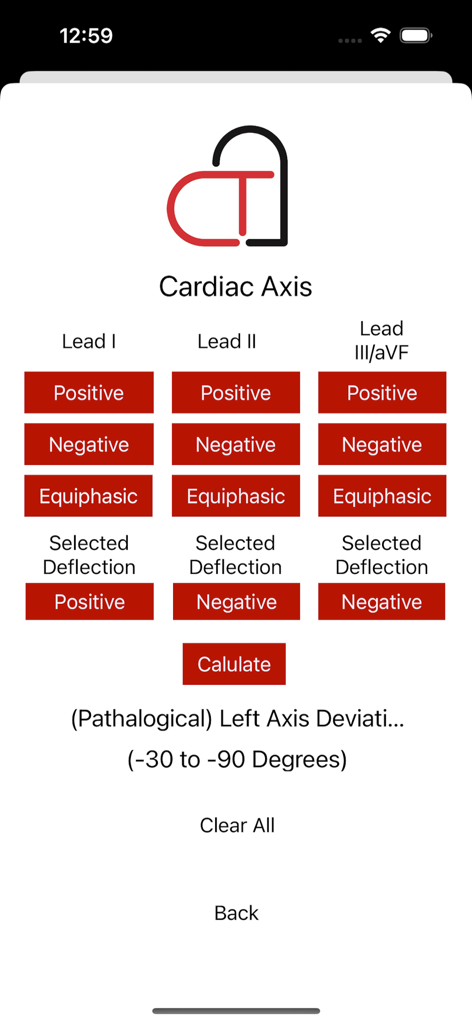 The Cardiac Calculator - Interface showing cardiac axis calculation based on ECG lead deflections in The Cardiac Calculator app.