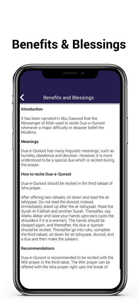 Ein Informationsbildschirm der Dua-e-Qunoot-App, der die Vorteile und Anweisungen zum Rezitieren des Gebets erklärt.