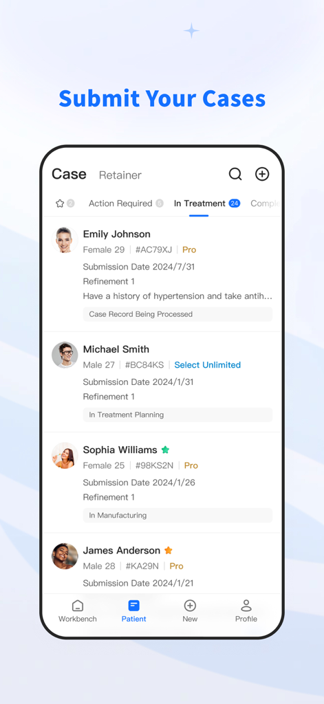 Interface da app móvel Angel Aligner iOrtho exibindo uma lista de casos de pacientes e estados de tratamento