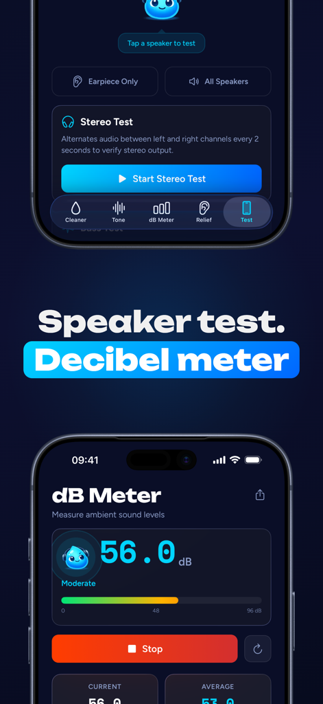 Drip Speaker Cleaner Water Fix - Speaker test and decibel meter features within the Drip Speaker Cleaner app