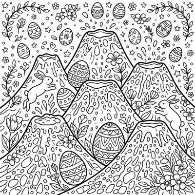 Ignite your creativity with this extraordinary Easter coloring page, featuring Cinder Cone volcanoes reimagined for the spring holiday. Delight in a landscape bursting with decorated eggs, playful bunnies, and beautiful blossoms, ready for your artistic touch.
