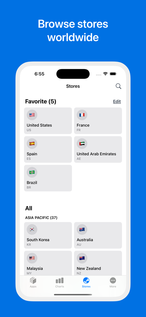 Appboard: Global App Rankings - Interface of Appboard app showing a list of global stores to browse app rankings worldwide