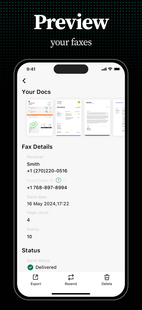 Tiny Fax: Send Fax From iPhone - Tiny Fax mobile app screen showing sent document details and delivered status.