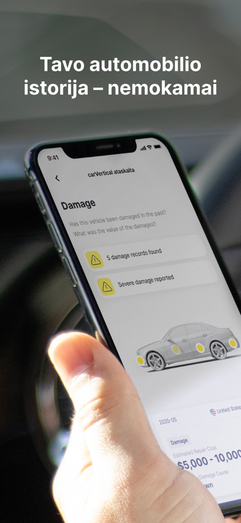 carOne - A smartphone displaying a vehicle damage history report in the carOne app