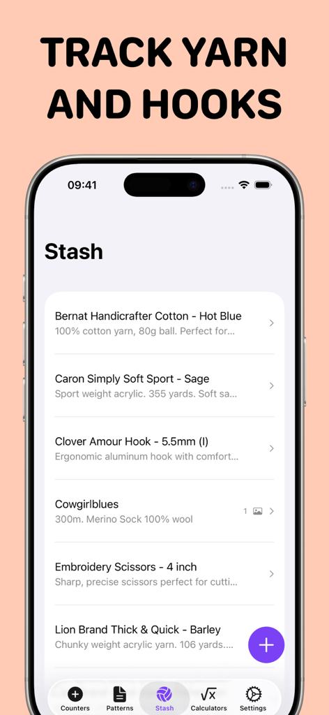 Crochet Row Counter: Ares - Función de gestión de reserva en la aplicación de crochet Ares que rastrea hilos y ganchillos.