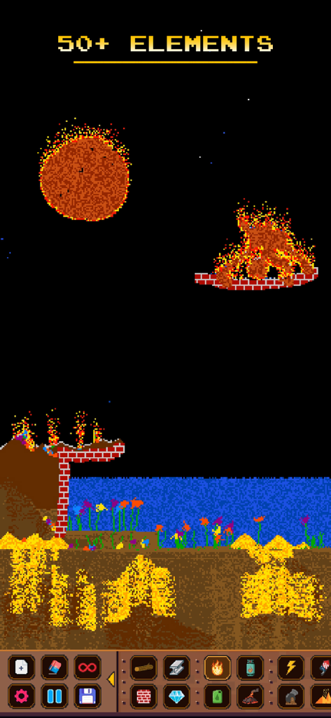 Sandbox - Physics Simulator - Pixel art interface of Sandbox Physics Simulator showing over fifty interactive elements and creative simulation