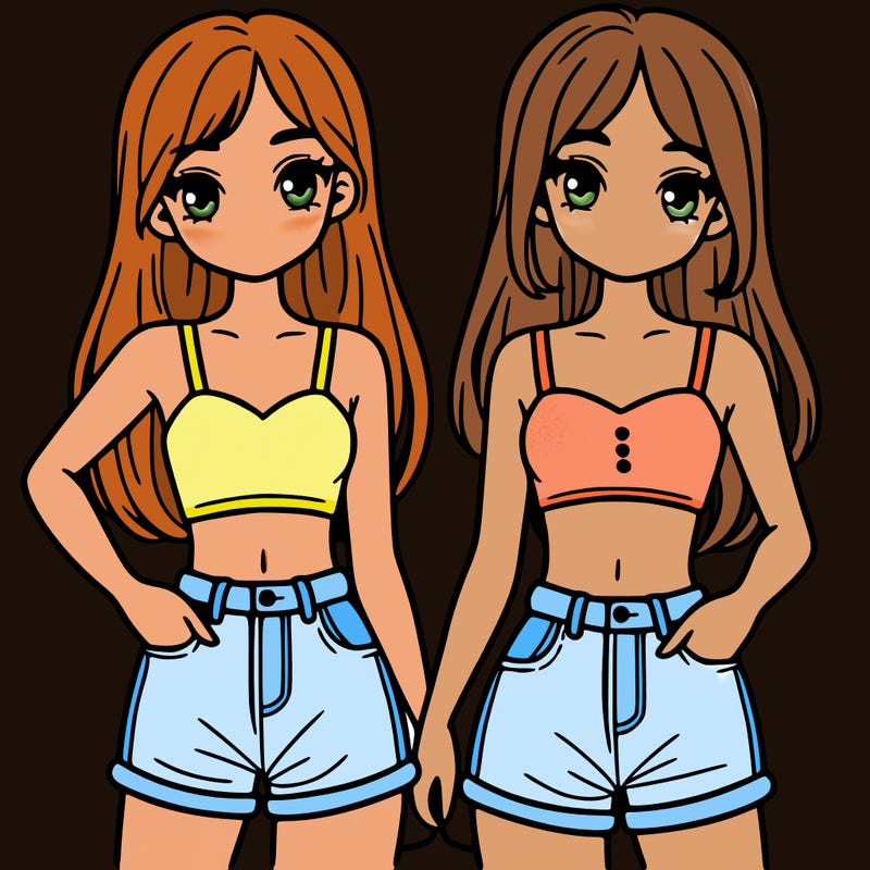 two sisters with crop tops and jean shorts and straight hair