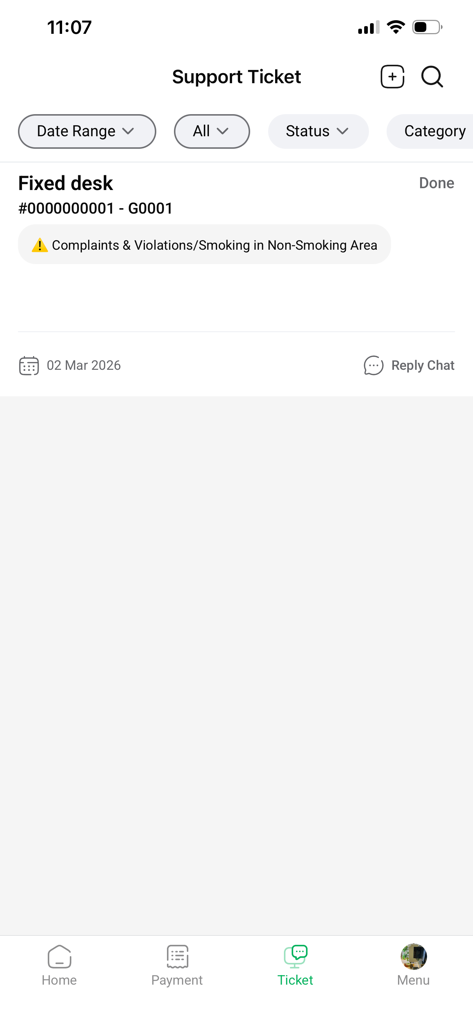 RenTA PORTAL - Support ticket screen in the RenTA PORTAL app showing a completed maintenance request and status filters